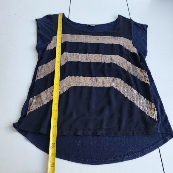Express Women's Top  Black Navy Blue Silver  Sequins Stretch Back Striped Sz M - Picture 6 of 9